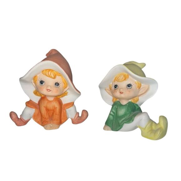 HOMCO 1980s Vintage Set of 2 Bisque Pixies - Picture 1 of 6